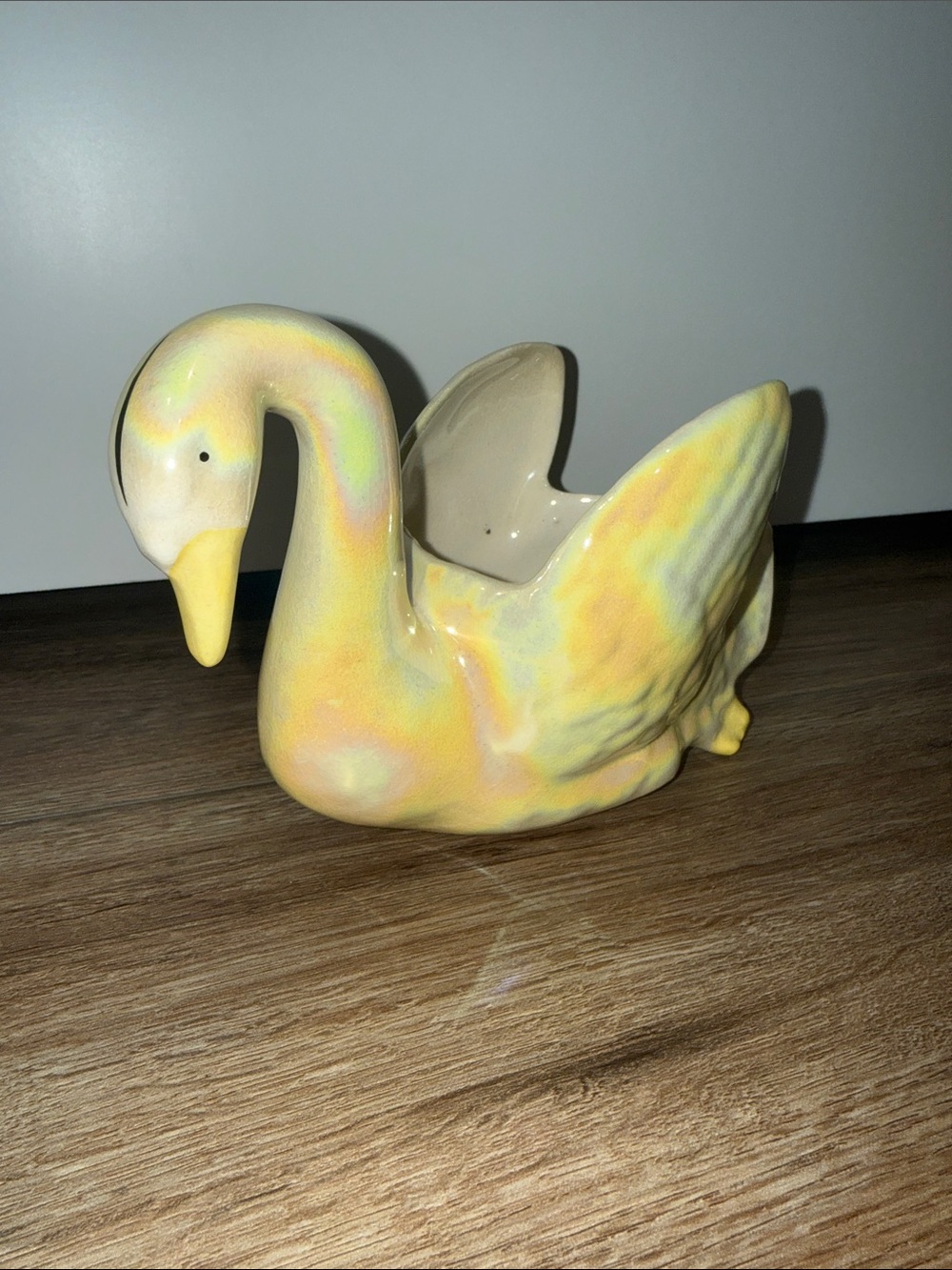 Vintage Iridescent Pottery Swan Vase/Centerpiece- yellow luster.